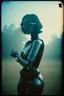 Placeholder: steampunk, vintage analog polaroid of a woman robot, female body, fog, lomography, heavy film grain, sun, color bleed, depth of field, bokeh, retro