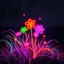 Placeholder: Dancing Colorful Neon Wild Flowers With Neon Grass Whirling Dark Grunge Rustic Hill Background.