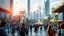 Placeholder: A futuristic scene depicting the bustling heart of a 2080 city center. The foreground features a diverse array of photorealistic individuals engaged with innovative, tech-enhanced elements - holographic displays, autonomous transportation, immersive public art. In the background, a panoramic vista of the larger city skyline - towering organic skyscrapers, elevated transit, verdant green spaces. Convey a sense of scale, depth and awe-inspiring technological wond