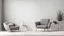 Placeholder: Scandinavian living room with gray armchair on empty white wall background. 3d rendering