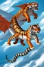 Placeholder: A flying tiger with wings is fighting with a dragon.