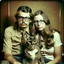 Placeholder: Awkward family portrait Photo with a man and a woman with ugly glasses, 30 years old sitting on chair, serious look, long 1960 hair and mustasch, polaroid camera photo, holding small cats