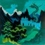 Placeholder: A dark teal Eastern castle on mountain with a lightning dragon painted by Henri Matisse