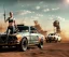 Placeholder: Realistic image. Mad max car. BMW 4 series, 2023 version. add mad max style woman standing in front of car. 4k resolution, intricate details, ornate details, soft lighting, vibrant colors, retroanime, futuristic cityscape background