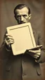 Placeholder: An old picture style of black and white mono very bad quality looks very old camera picture with cracks , Pablo Picasso, War and Peace, holding an iPad, Planck and brown old picture 1900