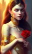 Placeholder: Arab princess Holding a beautiful red rose , cute, beautiful, long hair, wavy hair, black eyes, head and shoulders portrait, cinematic, 8k, resolution concept art portrait by Greg Rutkowski, Artgerm, WLOP, Alphonse Mucha dynamic lighting hyperdetailed intricately detailed