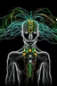 Placeholder: A computer chips and electronic components are connected by neurones human body by head with tube to a live sustaining system