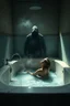 Placeholder: "A very old paints cracked abandoned bathroom , a woman taking a bath in a half full of water and fumes in the tub , a shadow of dark hooded creature standing in front of her and she opened her mouth screaming, insanely detailed octane render trending on artstation, 8k artistic photography, photorealistic concept art, soft natural volumetric cinematic perfect light, chiaroscuro, award-winning photograph, masterpiece, oil on canvas, Raphael, Caravaggio, Greg Rutkowski, people, beksinski, Giger