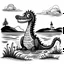 Placeholder: Make black and white cute drawing of the Loch Ness Monster with black bold lines. Only outline, no grayscale. A cute and friendly Nessie popping out of a Scottish lake, with rolling green hills and a castle in the background. Nessie could have a playful expression and a few water lilies on her back.