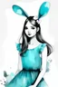 Placeholder: Watercolor black and white with cyan dress bunny ears girl