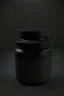 Placeholder: black container, plastic, realism, with screw lid, no labels, round container, view from the front, protein powder, dark studio setting, black background