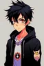 Placeholder: A boy 19 years old with black ish hair wearing black hoodie and a Feather owls,Okkutsu Yuta Hairstyle manga in ,Anime