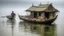 Placeholder: A floating house on Tonle Sap Lake, Cambodia, constructed from bamboo and recycled materials, with local fishermen in traditional boats nearby during a cloudy morning.