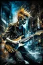 Placeholder: A ultra realistic poster of a cool guy playing electric guitar , having word sign as “street art ”, by Daniel Castan Carne Griffiths Andreas Lie Russ Mills Leonid Afremov, black background, fine lines draw, smile, standing in the temple