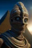 Placeholder: portrait of mummy robot, Egyptians with the hair standing straight up in front of pyramid of Babel. 4 k, down light, depth of field, trending art, spray paint, high detail, fantasy art, alien connection, future tech