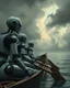 Placeholder: Bosch painting style, nightmare , an Ai robots sitting lined up in line one after another holding The boat's oars , great quality picture with cinematic scenes , heavy clouds in the background