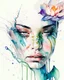 Placeholder: a hand-drawn watercolor painting of a woman's face with waterlily warped around the face like a snake, with a splash of mixed colors on a white background, sharp detail