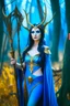 Placeholder: A picture of a beautiful blue faced Korean goddess with skin painted blue, blue body, blue torso, wild black hair, stag antlers, elven ears, golden skirt, holding a staff in a sunny forrest