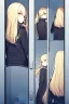 Placeholder: blonde girl with two tails in her hair and a jacket runs in a corridor, back view, line arts, manga style