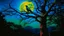 Placeholder: A vibrantly colored bird with blue, orange, and green plumage sits perched on a thick, textured tree branch. The branch is part of a larger, gnarled tree that dominates the left side of the frame. In the background, a large, luminous full moon hangs in a misty, twilight sky, with silhouetted trees forming a dense forest. Small, glowing lights are scattered throughout the branches and the background, adding a magical, ethereal quality to the scene. Two birds are in silhouette, flying near the moo