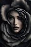 Placeholder: Close-up image of a beautiful woman's face inside of a black rose, Smoky, 8k quality, extremely realistic, gothic, exceptional creation, fantastic, highly detailed