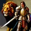 Placeholder: 90's fantasy tcg art male knight with lion armor