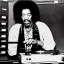 Placeholder: Jimi Hendrix at a turntable with headphones on being a DJ, cigarette