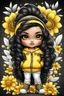 Placeholder: Create an airbrush illustration of a chibi cartoon Native Indian female thick curvy wearing a cut of yellow hoodie and black jeans and timberland boots. Prominent make up with long lashes and hazel eyes. Highly detailed shiny black curly hair. Background of Shiny black and white large flowers