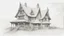 Placeholder: A front elevation fine line drawing of a fantasy wooden house reminiscent of the Burrow from Harry Potter