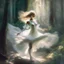 Placeholder: A sweet delicate music surrounding a gracious girl dancing barefoot in a forest, detailed beautiful face, she's wearing a white transparent dress, looks like a painting, volumetric lighting, depth of field