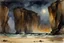 Placeholder: Night, rocks, cliffs, sci-fi, distant mountains, sea, waves, sand, seashore, epic, fantasy, john singer sargent watercolor paintings