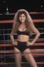 Placeholder: extremely tiny, thin, beautiful 21-year-old Sheena Greane with long, wavy curly, 1980's hair, wearing black strapless sports bra and cotton shorts, smiling a happy smile, extremely giant, oversized, humongous orbs, pitch black background, professional quality studio 35mm 8x10 uhd photograph,