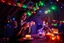 Placeholder: Glowing voluptuous Halloween vampire woman having a tea party in the haunted house attic. Colorful string lights and festive decorations create a spooky magical atmosphere