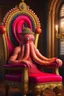 Placeholder: portrait of octopus with stylish wig smoking sigar on a throne in medieval castle, 4k, downlight, soft light, depth of field, photorealism