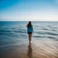 Placeholder: Exposure; A girls stands in the middle the sea. flat sky. water reaction movement. Landscape blurry.