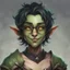 Placeholder: dnd, portrait of cute young orc-elf hybrid femboy, black hair, short hair, curled hair, hair covering one eye, emo hair, round glasses, tusks, sharp teeth, yellow eyes, flat chest, mage, magic, nose ring, pierced ears, twink, smile, sharp teeth, green skin, round face, small nose, shy