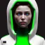 Placeholder: Pretty irish woman, rounded face, green, white, hoodie, feathers, retro, latex, leather, soft color, highly detailed, art stations, concept art, smooth, unreal engine 5, god rays, ray tracing, RTX, lumen lighting, ultra detail, volumetric lighting, 3d, finely drawn, high definition, high resolution, neon background.