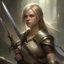 Placeholder: pretty girl, aged 30, blonde, conventionally attractive, fighter, greatsword, elf