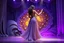 Placeholder: modern stage with gray-dark yellow blueish violet theme artistic decoration , color full dynamic lighting, a beautiful lady in maxi dress with shining silver jewels ,curvy long hair,dancing, 3D recursive fractal structure animating background