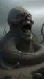 Placeholder: A big statue of a head in the sand huge mouth open and out of it a lot of snakes and spidrs,surrealism of the dark of a nightmare ten miles high and six foot deep, hyper photorealistic, hyper detailed dark art color, high resolution, fog, octane render, tilt shift, HDRI Environment, all pictures dark gray