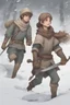 Placeholder: DnD style, two medieval peasant kids playing in the snow, female age 14 and male age 15, happy and playful, he has a short sword.