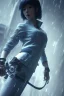 Placeholder: Motoko Kusanagi, raining, nostalgic, cold, dark blue, gloomy, heavy fog, 8k photorealistic, cinematic lighting, high details, dramatic, atmosphereric