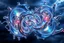 Placeholder: Dynamic complex hypnotic fractal 3D structures horizontal Symmetry twisting and morphing between organic and geometric forms , smooth translucent iridescent glass with inner glow and bubbles, varied transparent materials, stormy skies, intense dramatic