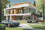 Placeholder: Architectural drawing of a luxurious modern country house, trees, people and cars, complementary colors