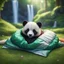 Placeholder: pen outline, waterfall, panda fox in luxury sleeping bag on green lawn in magical forest ,bokeh like f/0.8, tilt-shift lens 8k, high detail, smooth render, down-light, unreal engine