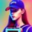 Placeholder: a girl wearing a baseball cap holding a small boombox in her hand, full shot. paint splashes, outrun, vaporware, shaded flat illustration, digital art, trending on artstation, highly detailed, fine detail, intricate