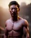 Placeholder: Ultra realistic photographic night portrait, cinematic, naked, young, Asian, all shaved <strong man> <hanging wires> many wires connected to the head <perfect pupil> <cyborg> <garage> <long shot view> <sci-fi futuristic> <thriller>, fog, soft color, highly detailed, unreal engine 5, ray tracing, RTX, lumen lighting, ultra detail, volumetric lighting, high definition.