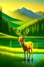 Placeholder: the foreground, a deer on a forest hillside overlooking a lake. Bathed in sunshine, with a lush green meadow, a winding river, and a towering mountain range in the distance. Warm sundown glow, golden hour. Ultra-detailed, with every blade of grass and every leaf rendered in perfect clarity. The colors are vibrant and saturated, with a dreamy, ethereal quality. Stained glass effect. Modifiers: photorealistic award winning cinematic postprocessing watercolor Ink drawing Steve Hanks Nicoletta Cecc