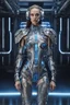 Placeholder: A biomechanical futuristic full body fashion model in a metal silver/blue armored dress, adorned with clear printed hieroglyphic symbols, microchip designe, futuristic headset, Fashion show background, energy, molecular, mecha, future fashion