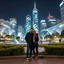 Placeholder: future modern city center park a pertty couple with modern clothing standing and posing to camera